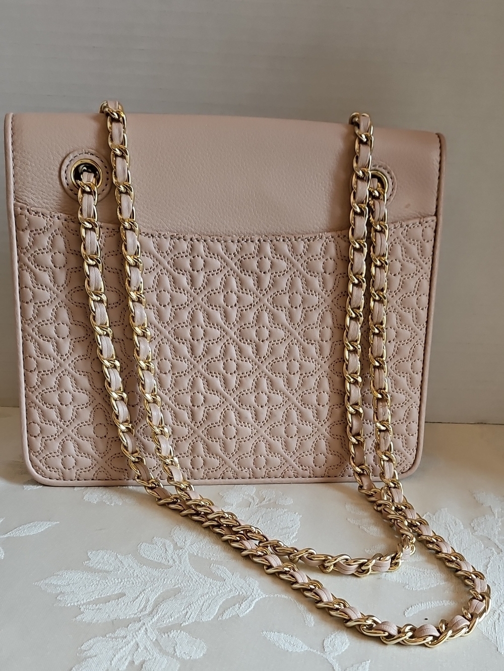 Tory Burch Blush Quilted Leather Shoulder Bag with Adjustable Gold Chain